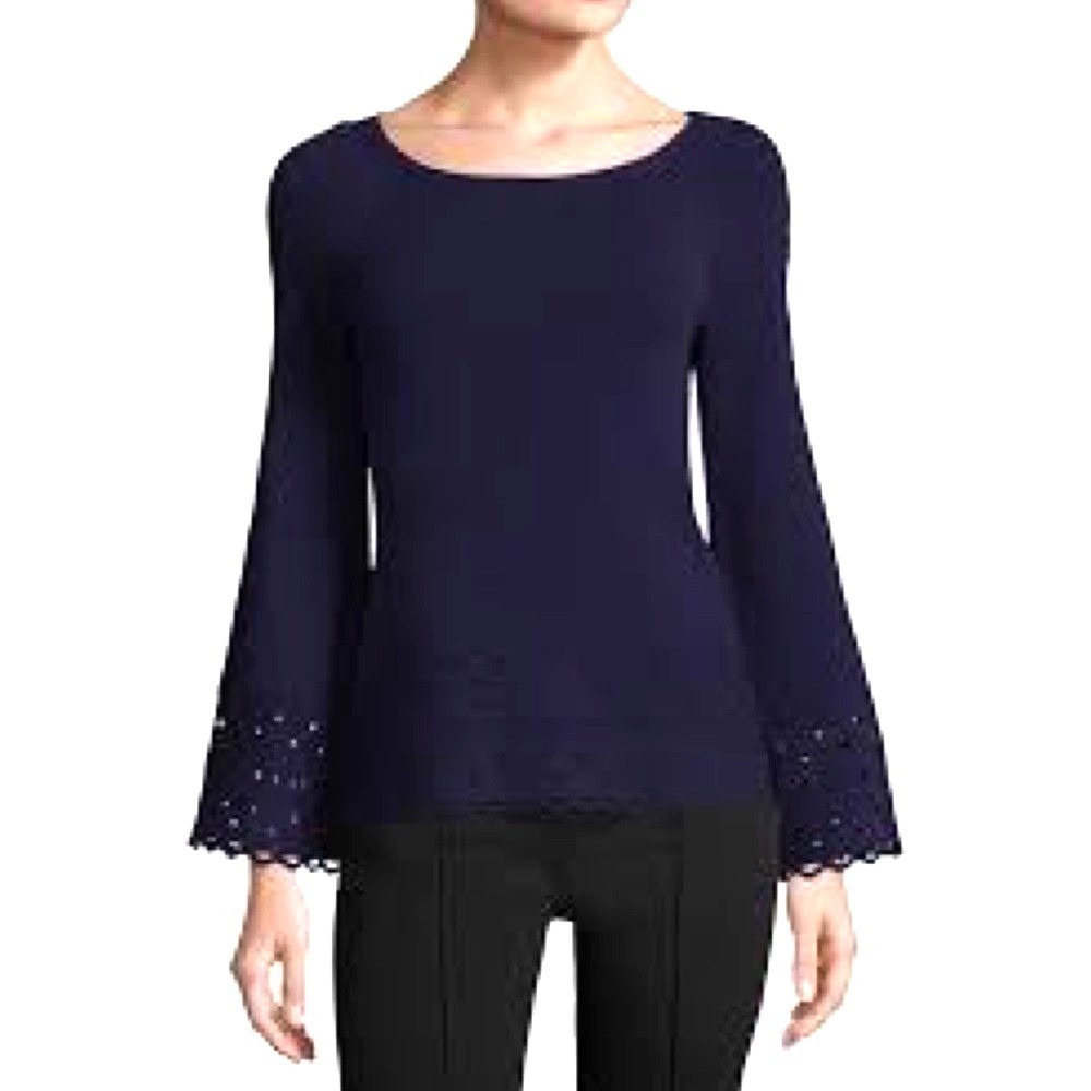 Ramy Brook Dina Perforated Sweater Top Womens S/M Bell Sleeves Scallop Capsule